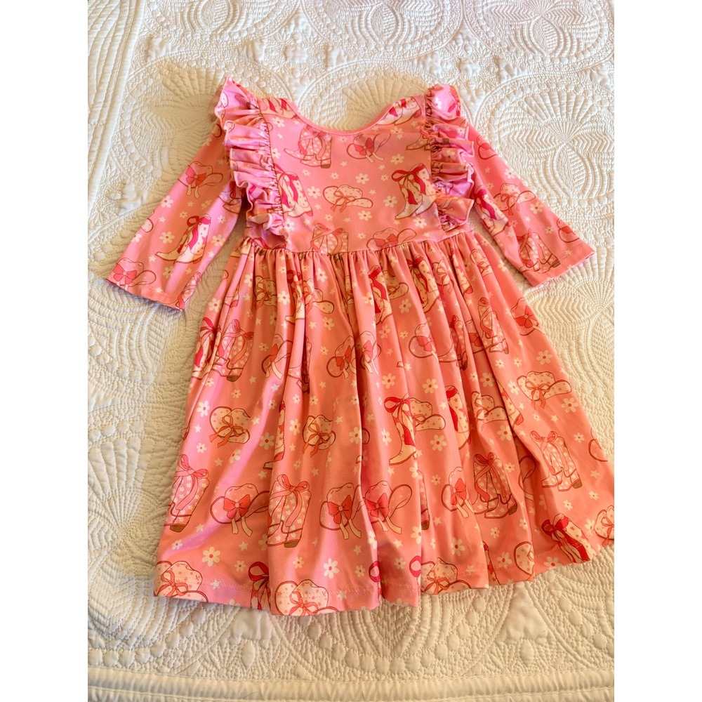 Mila & Rose Girl's Bamboo 3/4 Sleeve Twirl Dress Cowgirl Print with Pockets